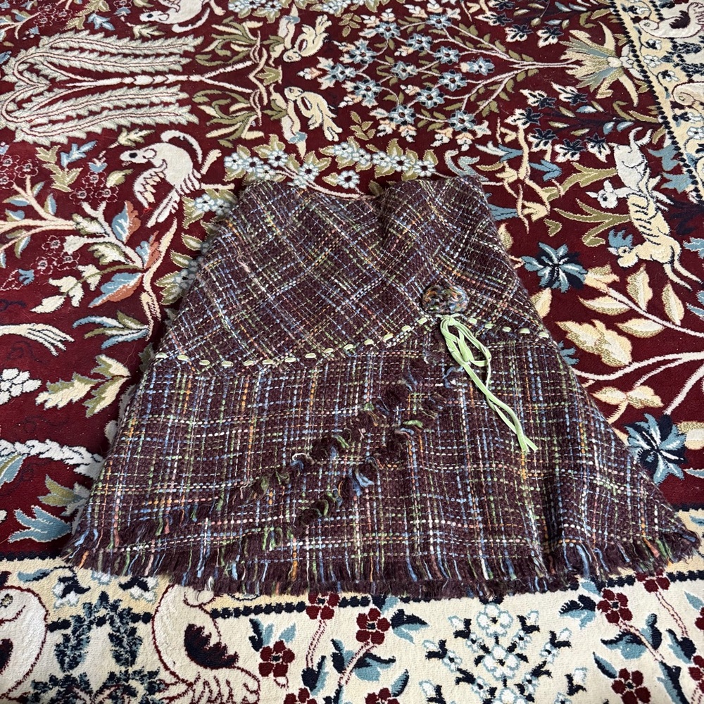 Multicoloured tweed mini skirt with fringe and ribbon